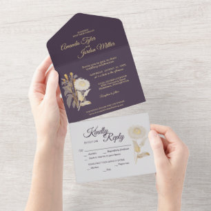Invitación Todo En Uno Boda Antiguo De Daisy Púrpura Todo En Una Invitaci