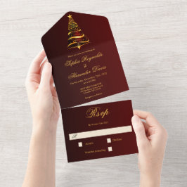 Invitación Todo En Uno Boda Árbol de Navidad Dorado Minimalista con Estil