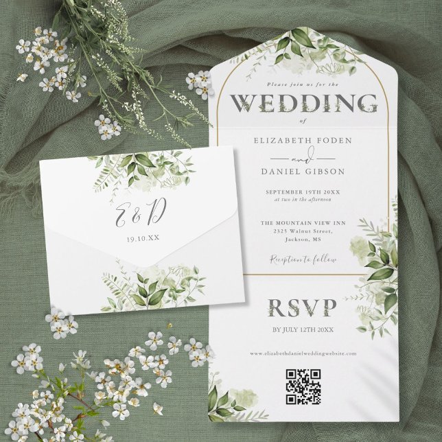Invitación Todo En Uno Boda Arco Dorado Verde Rustico Código QR (Rustic Greenery Gold Arch QR Code Wedding All In One Invitation)