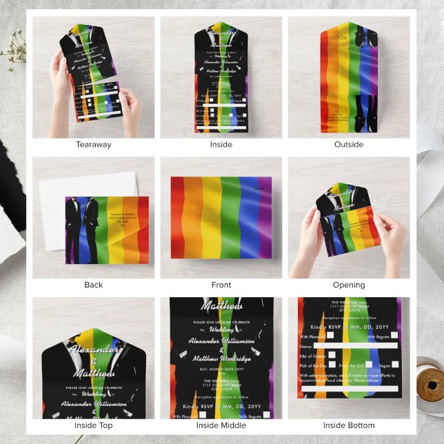 Invitación Todo En Uno Boda Arcoíris Moderna y Elegante para Hombres Gays (Subido por el creador)