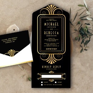 Invitación Todo En Uno Boda Art Déco de remolino vintage negro y dorado