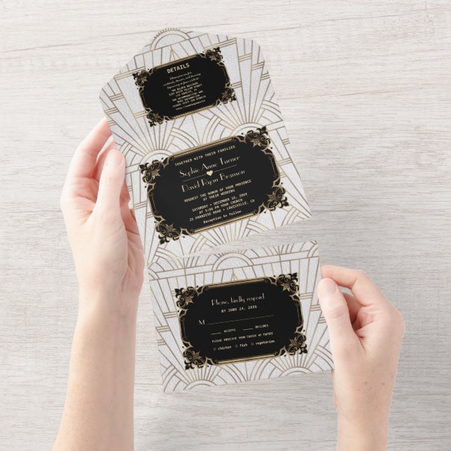 Invitación Todo En Uno Boda Art Déco Gatsby Oro Negro Blanco   (desgarro)