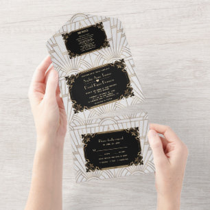 Invitación Todo En Uno Boda Art Déco Gatsby Oro Negro Blanco  