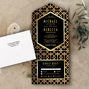 Invitación Todo En Uno Boda Art Déco Geométrica Vintage en Negro y Dorado