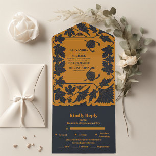 Invitación Todo En Uno Boda Art Nouveau Azul Dorado