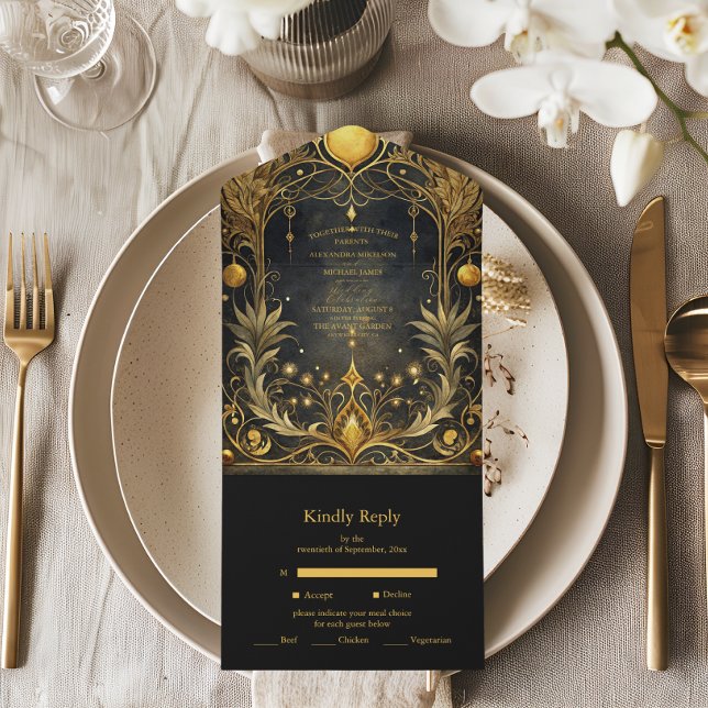 Invitación Todo En Uno Boda Art Nouveau de oro negro (Subido por el creador)