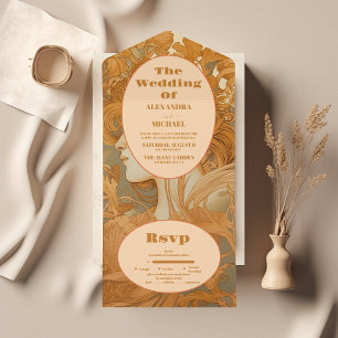 Invitación Todo En Uno Boda Art Nouveau Floral de Oro