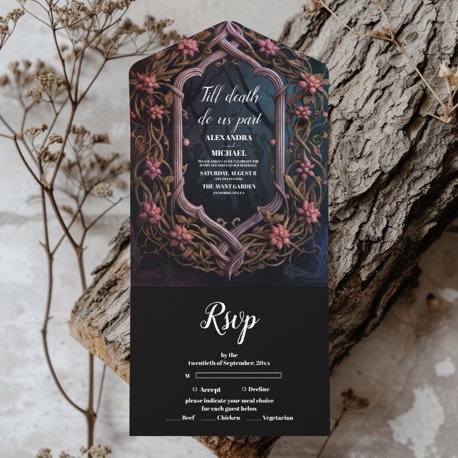 Invitación Todo En Uno Boda Art Nouveau floral gótica de Halloween (Subido por el creador)