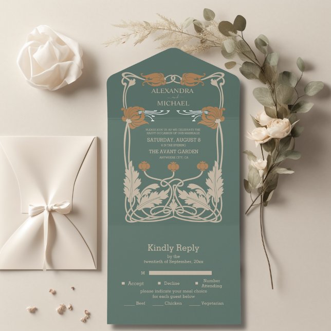 Invitación Todo En Uno Boda Art Nouveau verde (Subido por el creador)