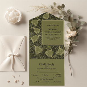 Invitación Todo En Uno Boda Art Nouveau verde clásico