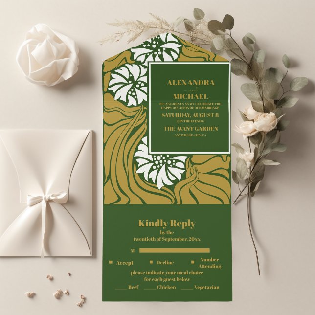 Invitación Todo En Uno Boda Art Nouveau verde clásico (Subido por el creador)