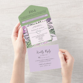 Invitación Todo En Uno Boda Artística Verde Salvia Púrpura