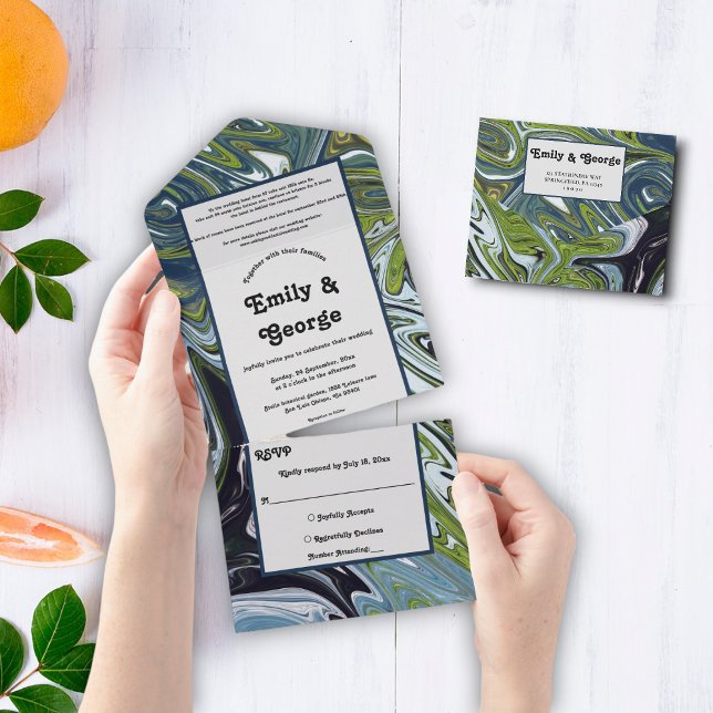 Invitación Todo En Uno Boda artístico de resumen de tono azul verde de la (Subido por el creador)