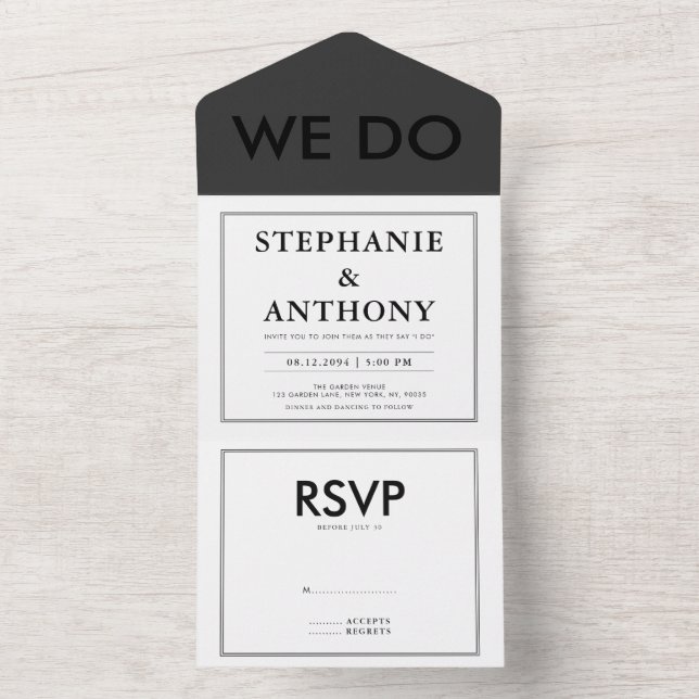 Invitación Todo En Uno Boda audaz de BW moderno ‘We Do’ | Limpiar diseño (Interior)