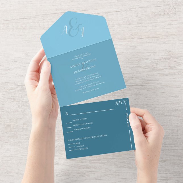 Invitación Todo En Uno Boda Azul Celeste Chic (desgarro)
