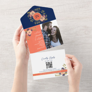 Invitación Todo En Uno Boda azul de coral y marina todo en una sola invit