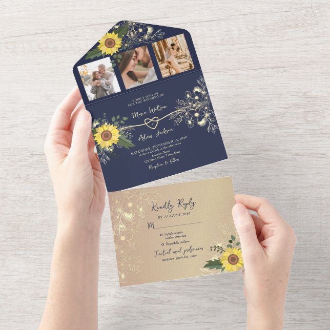 Invitación Todo En Uno Boda azul de la Marina Boho de Sunflower (desgarro)