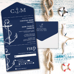 Invitación Todo En Uno Boda azul de la Marina de Ancla Náutica