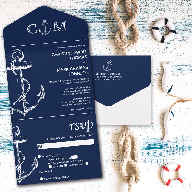 Invitación Todo En Uno Boda azul de la Marina de Ancla Náutica (Subido por el creador)