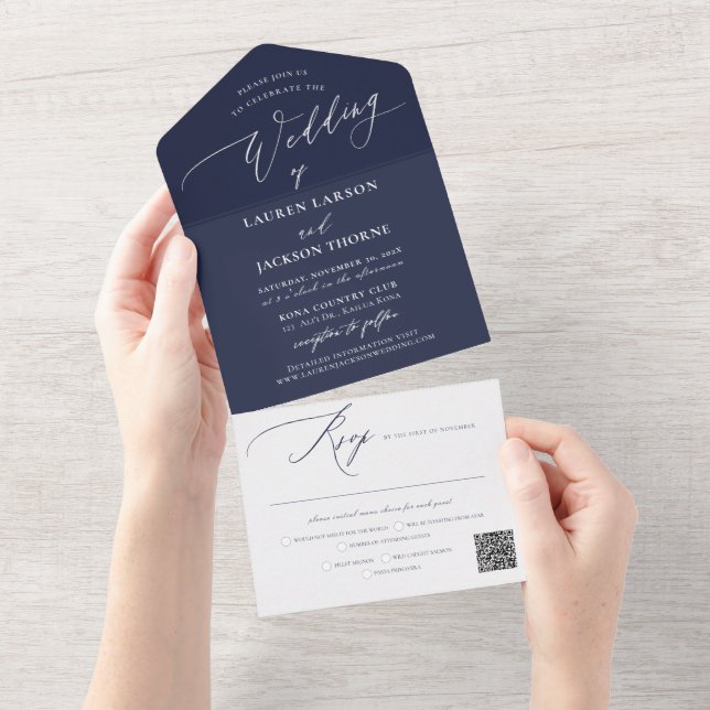 Invitación Todo En Uno Boda azul de la Marina de caligrafía moderna ArtsA (desgarro)