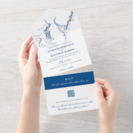 Invitación Todo En Uno Boda azul de la marina de la marina de atlántico N