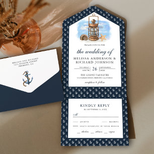 Invitación Todo En Uno Boda Azul de la Marina de Linterna Rusa