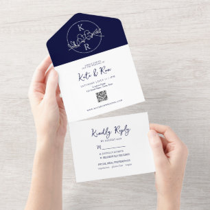 Invitación Todo En Uno Boda azul de la Marina de Monograma minimalista