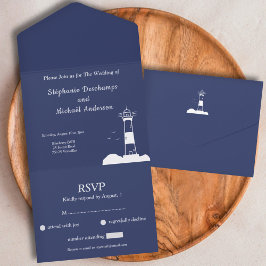 Invitación Todo En Uno Boda azul de la Marina del Faro RSVP