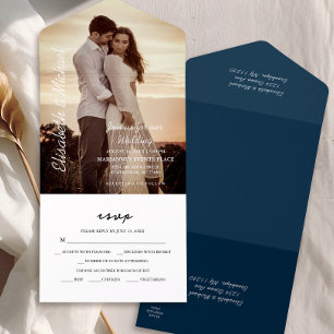 Invitación Todo En Uno Boda azul de la Marina Elegante con fotografía mod