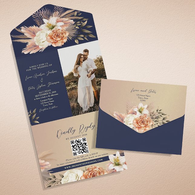 Invitación Todo En Uno Boda Azul de la Marina Floral Rusa (Subido por el creador)