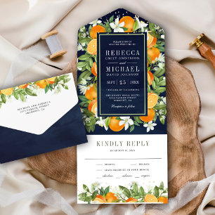 Invitación Todo En Uno Boda azul de la Marina Naranja Rustic Tangerine Ci