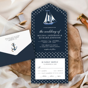 Invitación Todo En Uno Boda Azul de la Marina Náutica Rusa