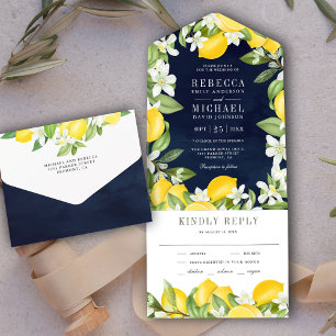Invitación Todo En Uno Boda azul de la Marina Rustic Citrus Lemon Orchard