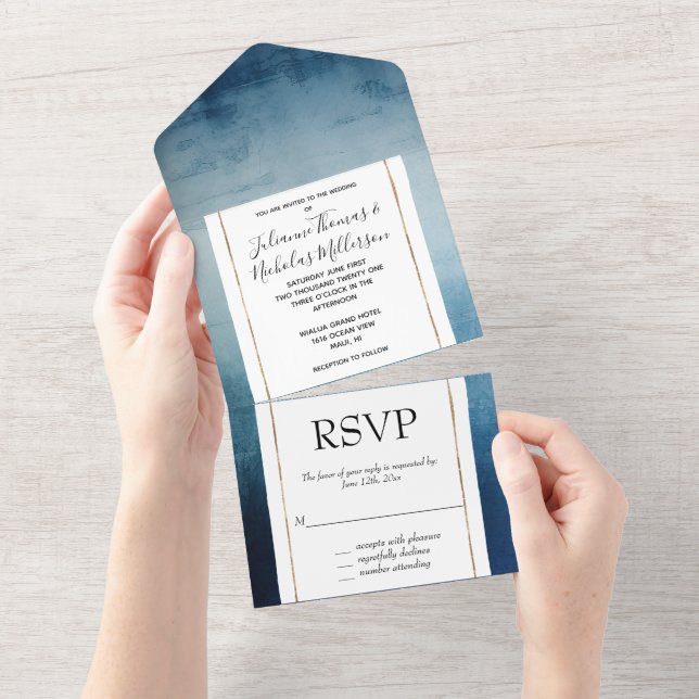 Invitación Todo En Uno Boda azul de moda (desgarro)