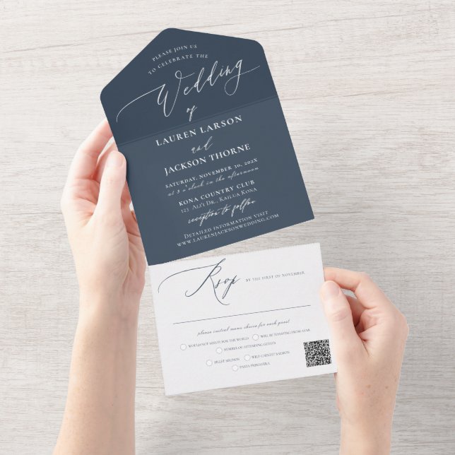 Invitación Todo En Uno Boda azul de pizarra de caligrafía moderna de Arts (desgarro)