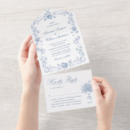 Invitación Todo En Uno Boda azul húmedo del ornato floral del renacimient