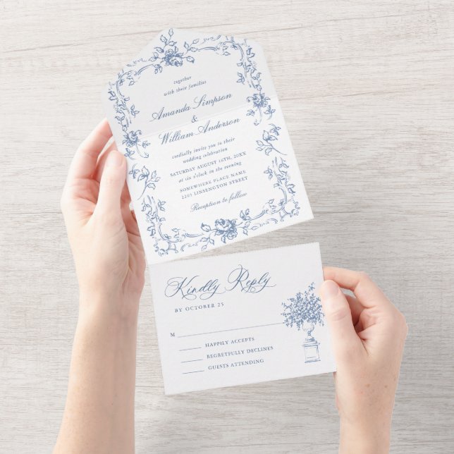 Invitación Todo En Uno Boda azul húmedo del ornato floral del renacimient (desgarro)