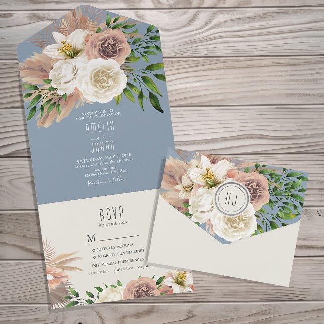 Invitación Todo En Uno Boda azul húmedo floral húmedo moderno (Subido por el creador)