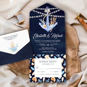 Invitación Todo En Uno Boda azul marino ancla náutica bajo el mar