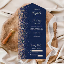 Invitación Todo En Uno Boda azul marino con brillo de melocotón moderno