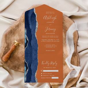 Invitación Todo En Uno Boda Azul Marino Plata Ágata Naranja