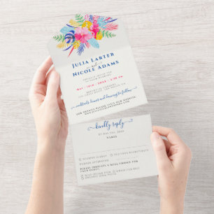 Invitación Todo En Uno Boda azul marino rosa salvaje bosque perenne