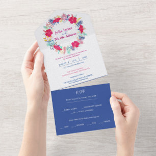 Invitación Todo En Uno Boda azul marino rosa salvaje bosque perenne
