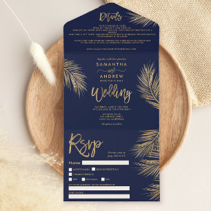 Invitación Todo En Uno Boda azul marino tropical de palmera dorada modern