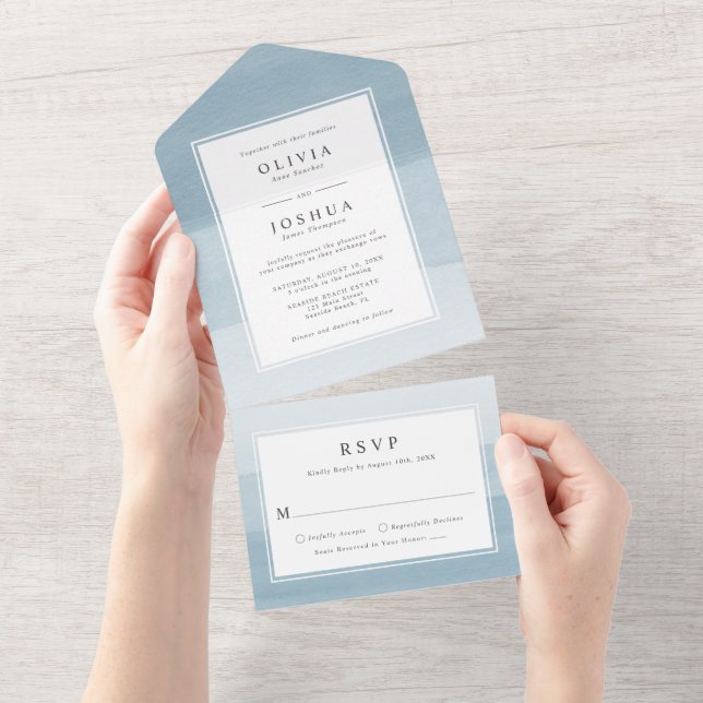 Invitación Todo En Uno Boda Azul Moderna (desgarro)