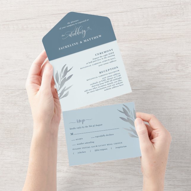 Invitación Todo En Uno Boda azul moderno con RSVP perfeccionado (desgarro)