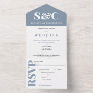 Invitación Todo En Uno Boda azul monograma y Ampersor a precios módicos