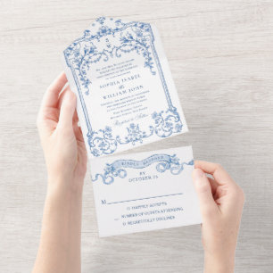 Invitación Todo En Uno Boda azul oxidado y floral de Grace