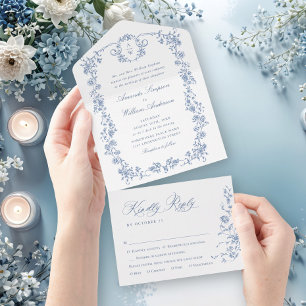 Invitación Todo En Uno Boda azul oxidado y floral de Grace