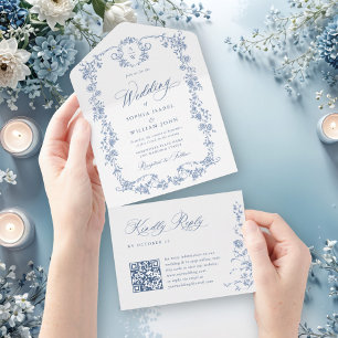 Invitación Todo En Uno Boda azul oxidado y floral de Grace